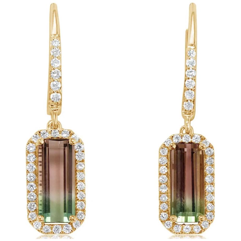 14K Gold Watermelon Tourmaline & Diamond Halo Dangle Earrings