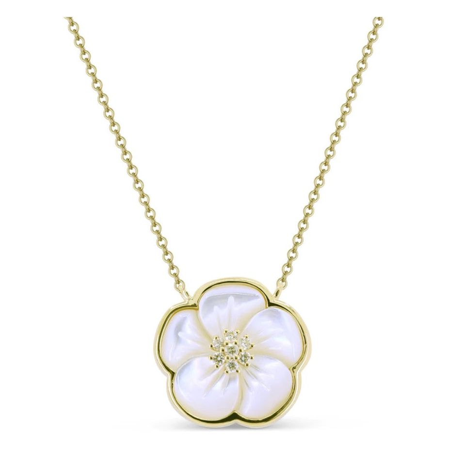 14K Yellow Gold Diamond & Mother of Pearl Flower Necklace