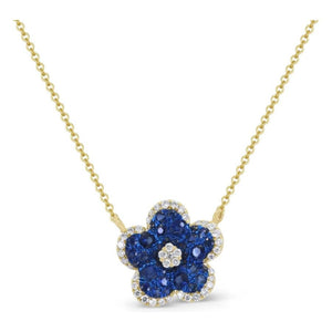 14K Yellow Gold Blue Sapphire Flower Pendant Necklace