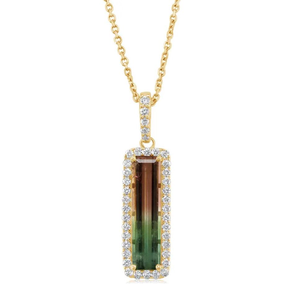 14K Gold Watermelon Tourmaline & Diamond Halo Pendant