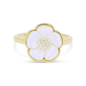 14K Yellow Gold Diamond & Mother of Pearl Flower Ring