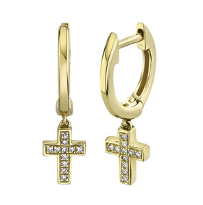 14K Yellow Gold Diamond Cross Dangle Huggie Earrings