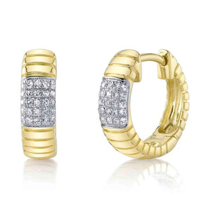 14K Yellow Gold Pave Diamond Station Fluted Huggie Earrings