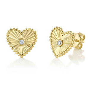 14K Yellow Gold Diamond Fluted Heart Studs