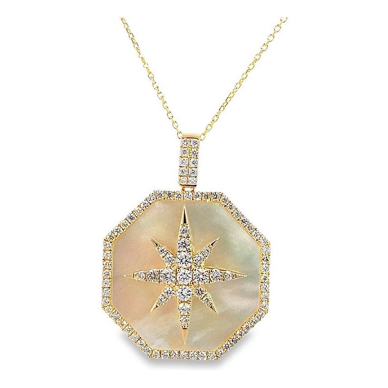 14K Yellow Gold Mother of Pearl Medallion Diamond Necklace