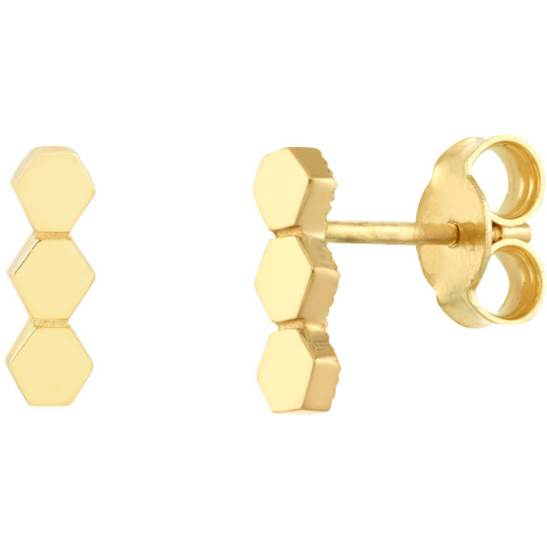 14k Yellow Gold Honeycomb Bar Stud Earrings