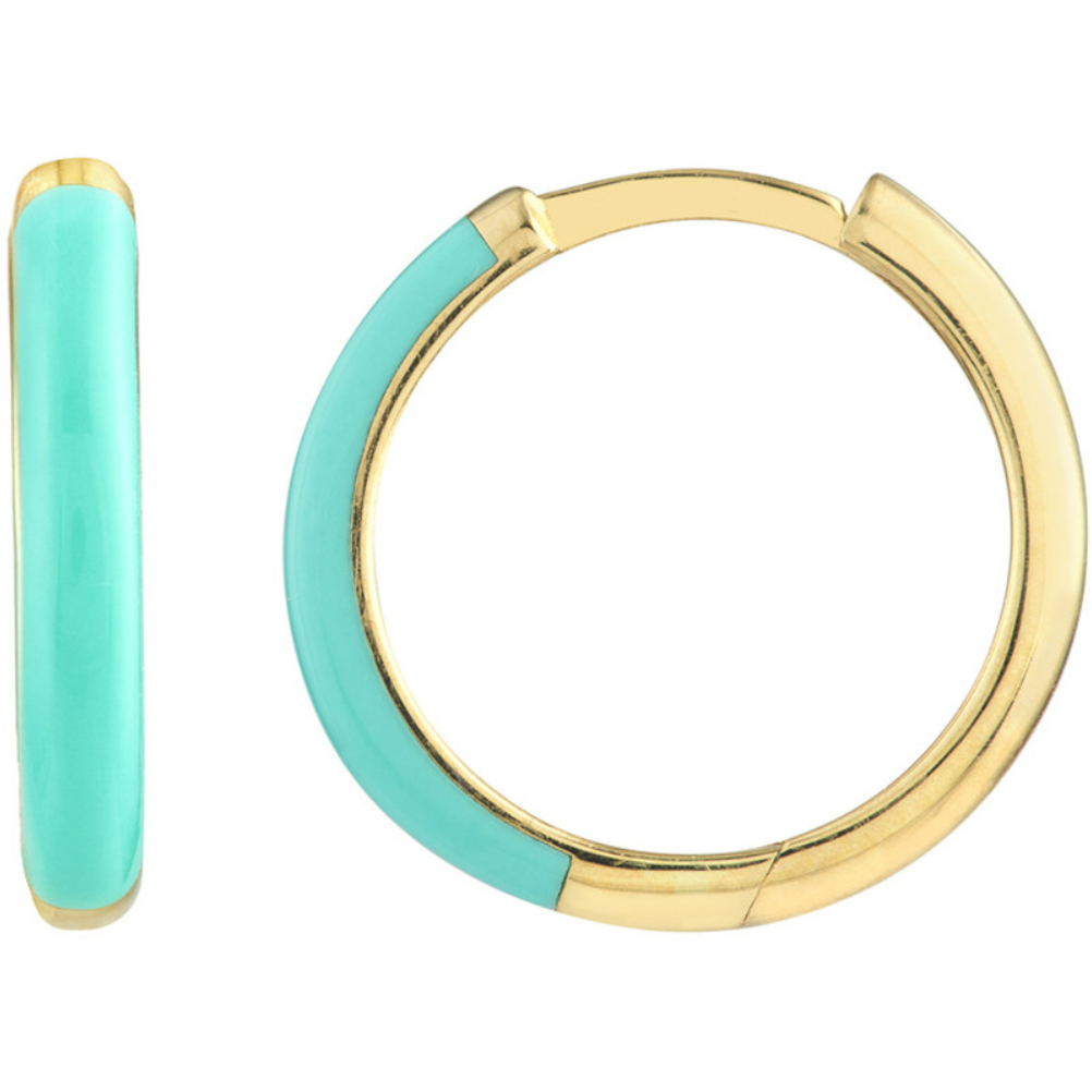 14K Yellow Gold & Turquoise Enamel Huggie Hoop Earrings
