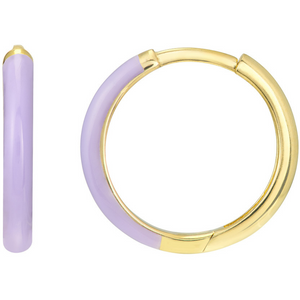 14K Yellow Gold & Lilac Enamel Huggie Hoop Earrings