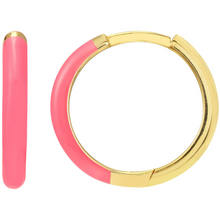 Load image into Gallery viewer, 14K Yellow Gold &amp; Neon Pink Enamel Huggie Hoop Earrings
