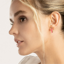 Load image into Gallery viewer, 14K Yellow Gold &amp; Neon Pink Enamel Huggie Hoop Earrings
