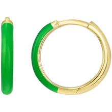 Load image into Gallery viewer, 14K Yellow Gold &amp; Dark Green Enamel Huggie Hoop Earrings
