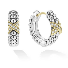 Load image into Gallery viewer, Lagos 18K &amp; Sterling Silver Embrace X Station Diamond Huggie Earrings
