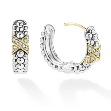 Load image into Gallery viewer, Lagos 18K &amp; Sterling Silver Embrace X Station Diamond Huggie Earrings
