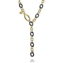 Load image into Gallery viewer, Gabriel 14K Yellow Gold Hollow Tube &amp; Black Oval Ceramic Y-Knots Necklace
