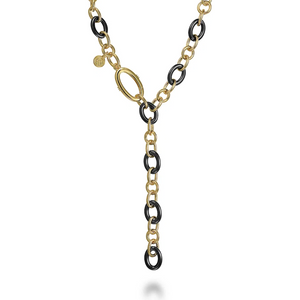 Gabriel 14K Yellow Gold Hollow Tube & Black Oval Ceramic Y-Knots Necklace