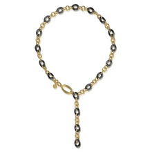 Load image into Gallery viewer, Gabriel 14K Yellow Gold Hollow Tube &amp; Black Oval Ceramic Y-Knots Necklace
