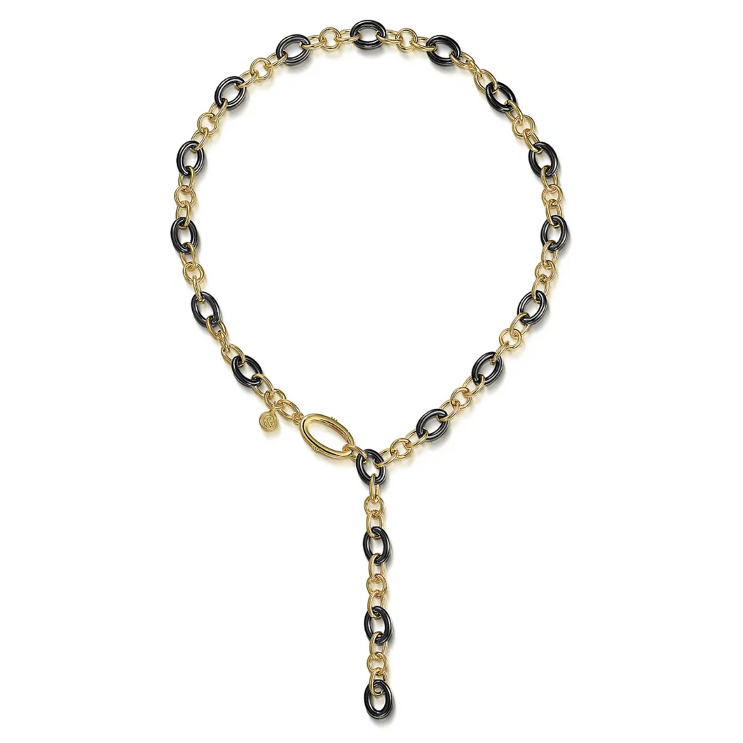 Gabriel 14K Yellow Gold Hollow Tube & Black Oval Ceramic Y-Knots Necklace