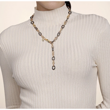 Load image into Gallery viewer, Gabriel 14K Yellow Gold Hollow Tube &amp; Black Oval Ceramic Y-Knots Necklace
