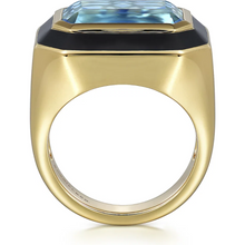 Load image into Gallery viewer, Gabriel 14K Yellow Gold Blue Topaz Emerald Cut Ring with Black Enamel
