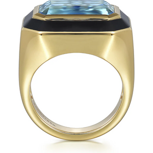 Gabriel 14K Yellow Gold Blue Topaz Emerald Cut Ring with Black Enamel
