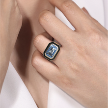 Load image into Gallery viewer, Gabriel 14K Yellow Gold Blue Topaz Emerald Cut Ring with Black Enamel

