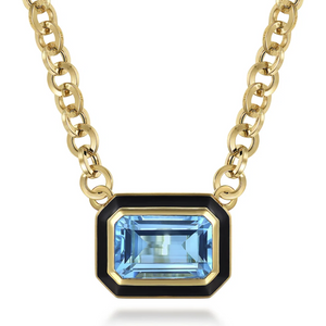 Gabriel 14K Yellow Gold Blue Topaz Emerald Cut Necklace with Black Enamel