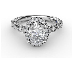 Fana 14K White Gold and Diamond Oval Halo with Detailed Milgrain Band
