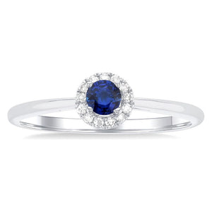 10K White Gold Round Blue Sapphire and Diamond Halo Ring