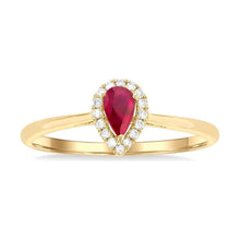Load image into Gallery viewer, 10K Yellow Gold Ruby Pear and Diamond Halo Ring
