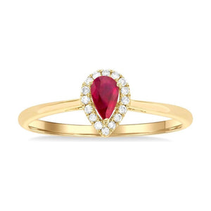 10K Yellow Gold Ruby Pear and Diamond Halo Ring