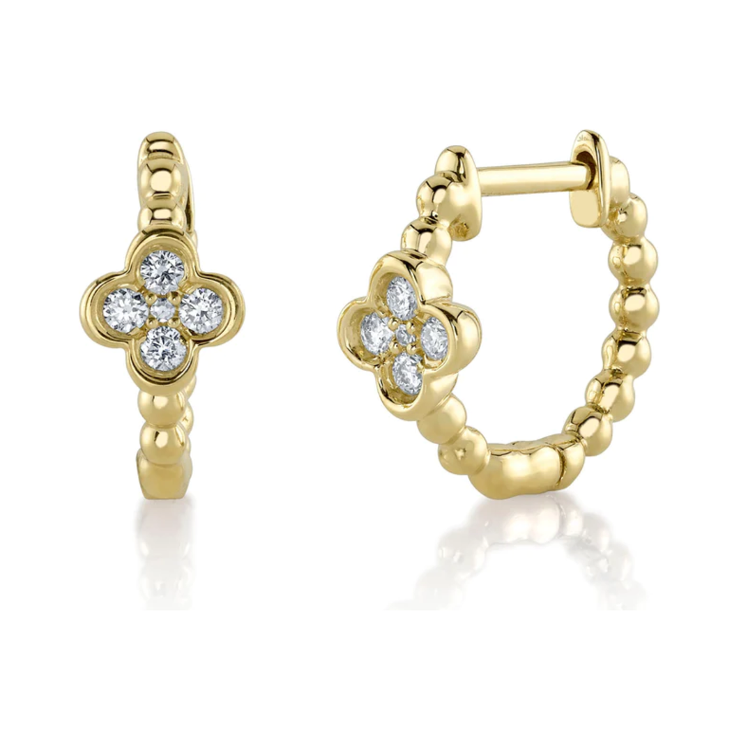 14K Yellow Gold Diamond Clover Huggie Earrings