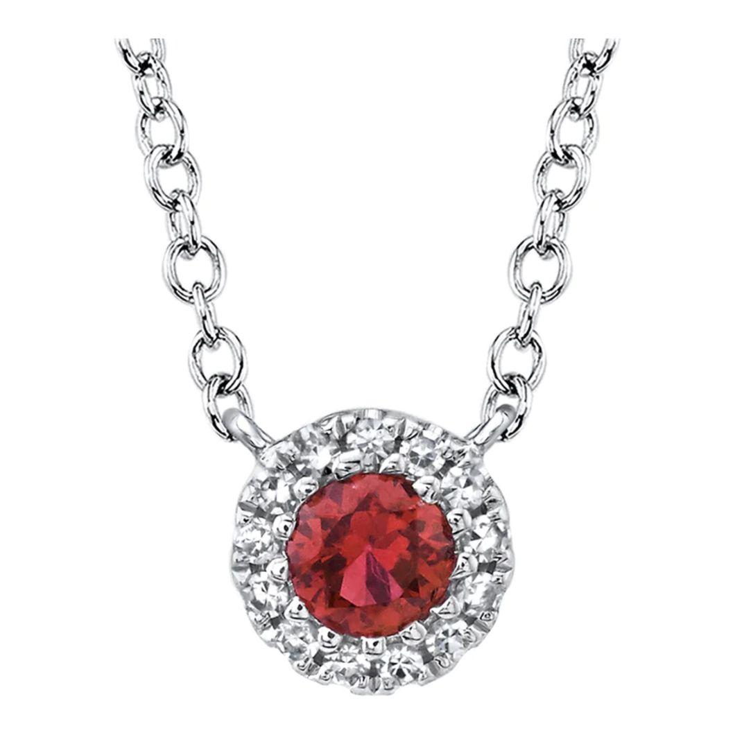 14K White Gold Diamond & Ruby Halo Pendant Necklace