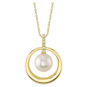 14K Yellow Gold Pearl and Diamond Circle Pendant