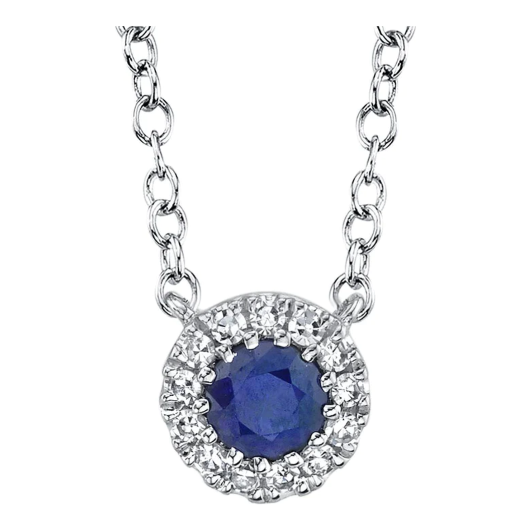 14K White Gold Diamond & Sapphire Halo Pendant Necklace