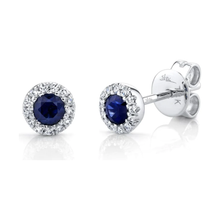 Load image into Gallery viewer, 14K White Gold  Blue Sapphire and Diamond Halo Studs
