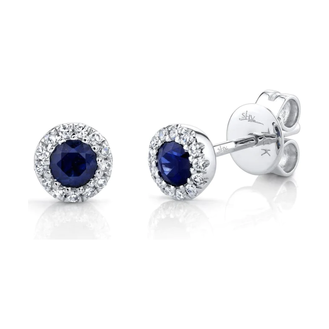 14K White Gold  Blue Sapphire and Diamond Halo Studs