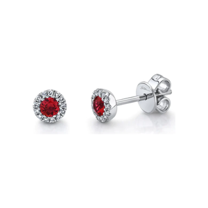 14K White Gold Ruby and Diamond Halo Studs