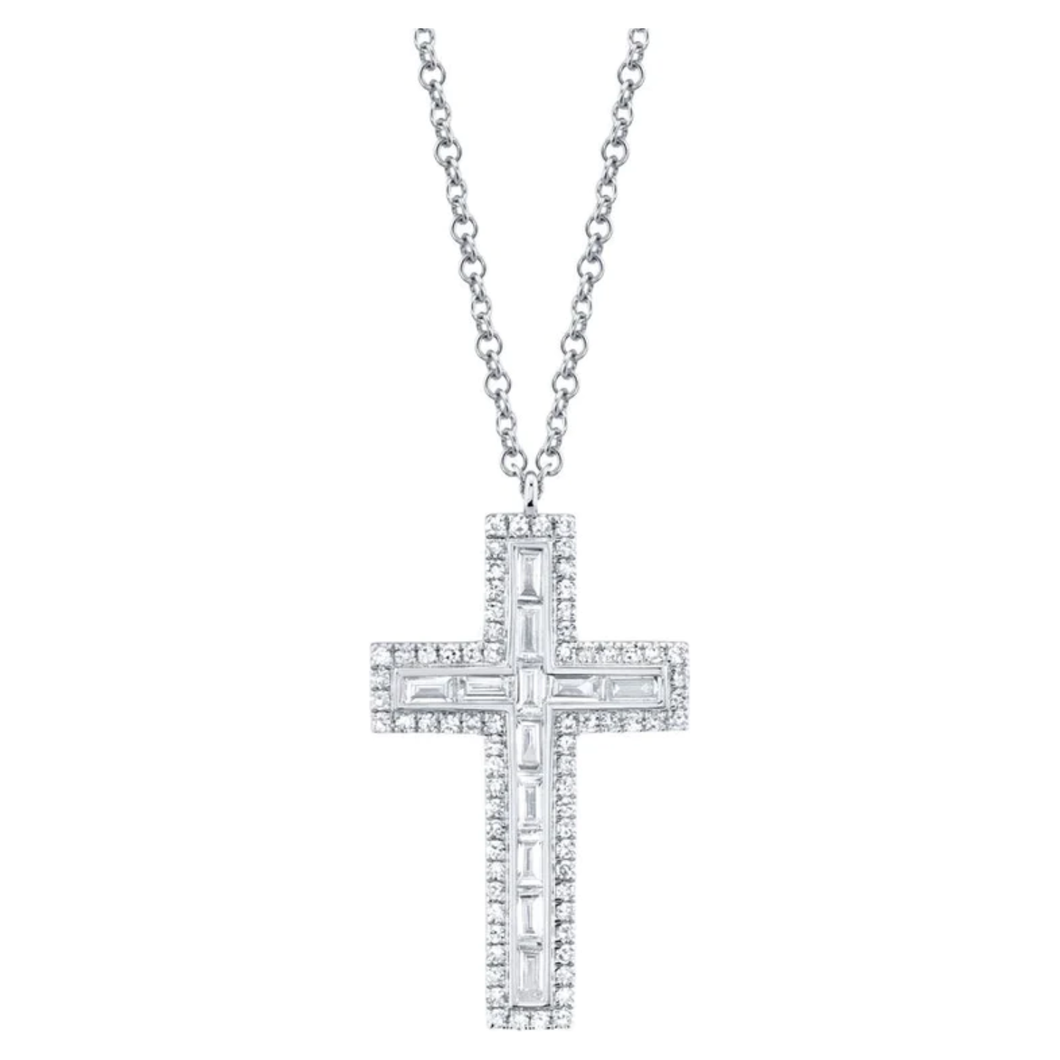 14K White Gold Baguette Diamond Cross Necklace