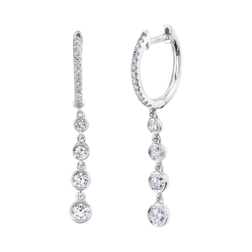 14K White Gold Diamond Bezel Dangle Huggies