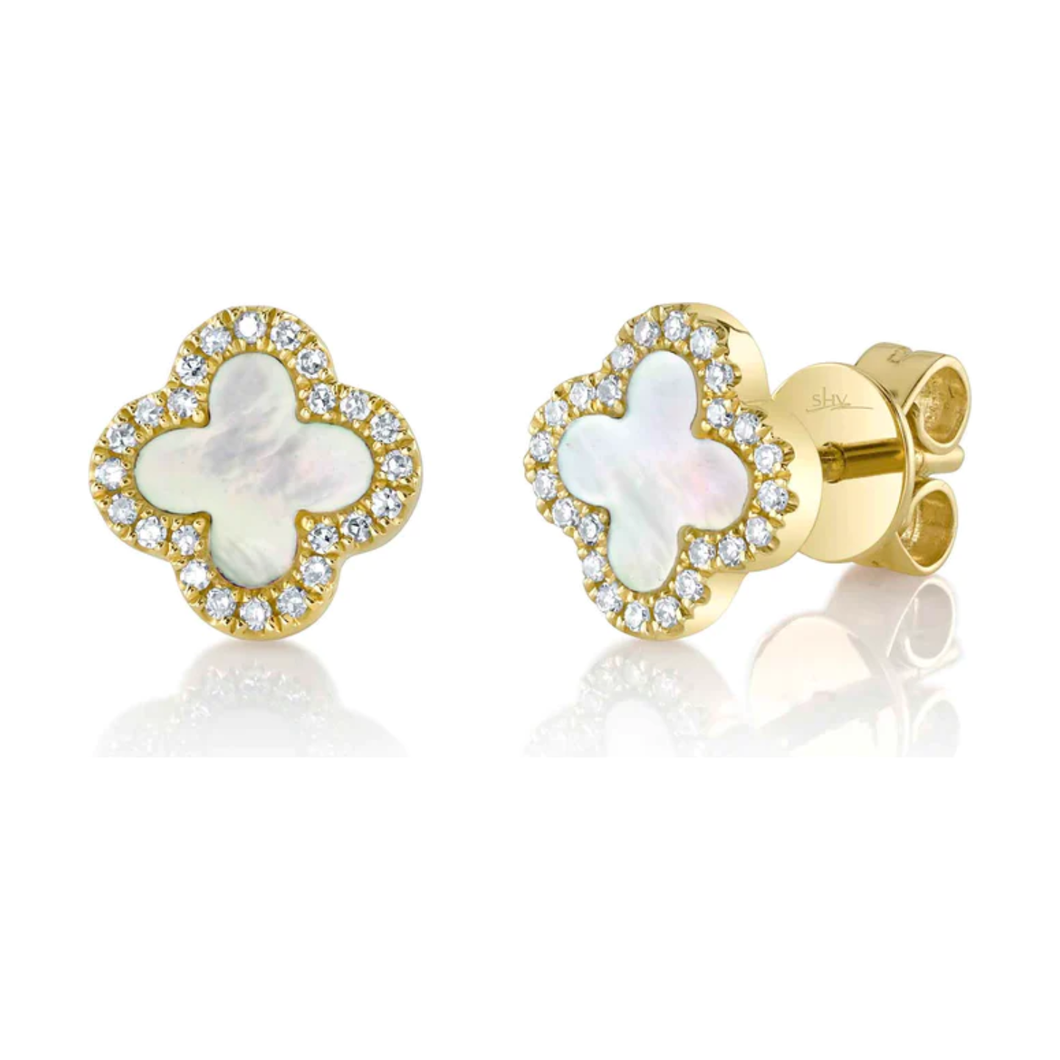 14k Yellow Gold Diamond & Mother of Pearl Clover Stud Earrings