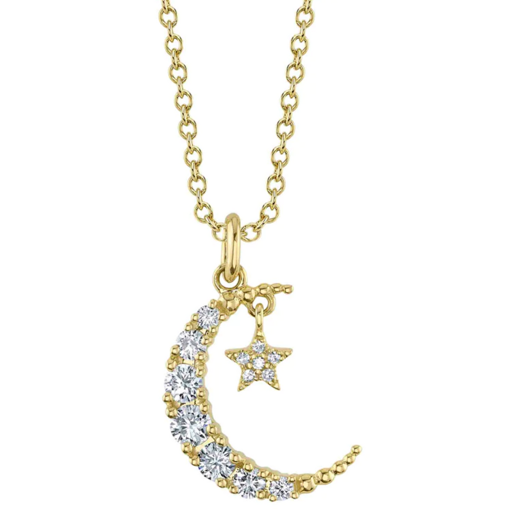 14k Yellow Gold Diamond Crescent Moon & Star Pendant