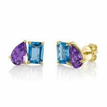 Load image into Gallery viewer, 14k Yellow Gold Amethyst &amp; Blue Topaz Studs
