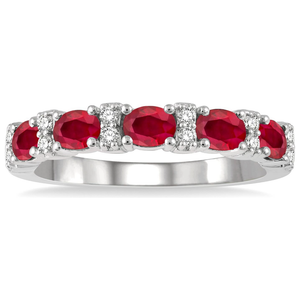 14K White Gold Oval  Ruby and Diamond Band