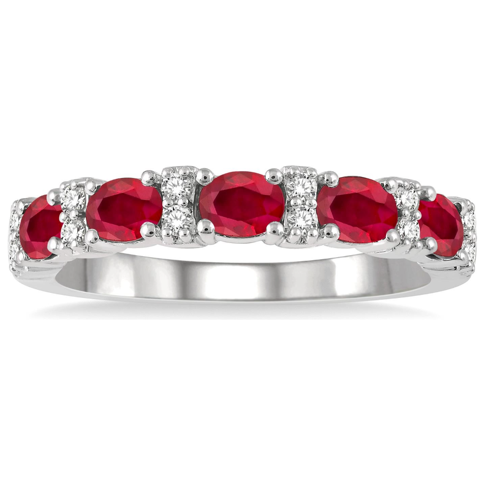 14K White Gold Oval  Ruby and Diamond Band