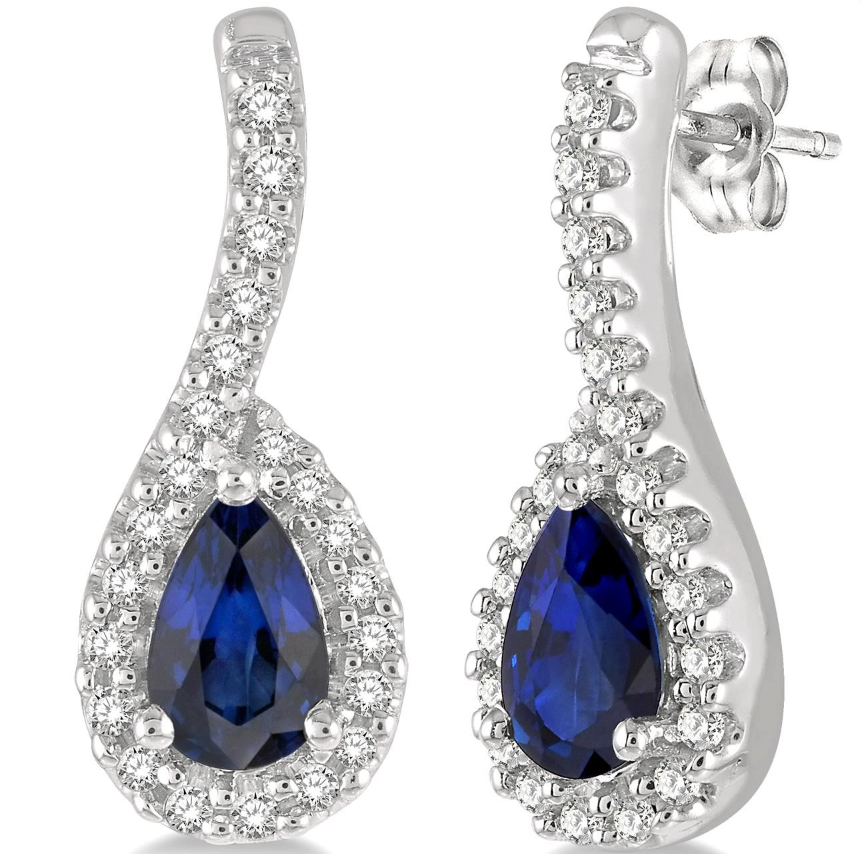 10K White Gold Pear Shaped Sapphire and Diamond Earrings