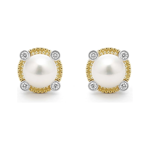 Lagos Sterling Silver & 18K Gold Luna Lux Pearl & Diamond Stud Earrings