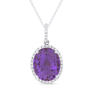 14K White Gold Oval Gemstone and Diamond Halo Pendant