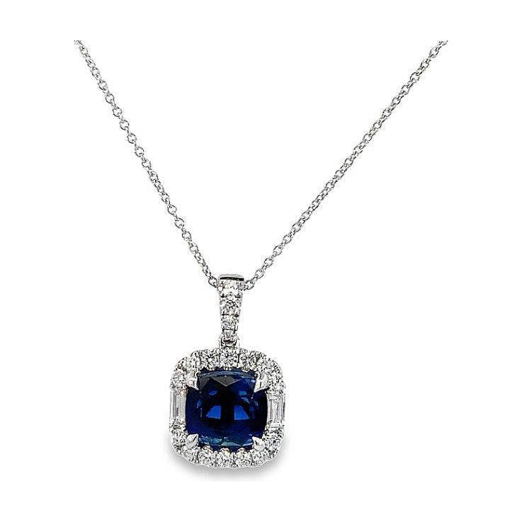 18K White Gold Blue Sapphire and Diamond Halo Pendant