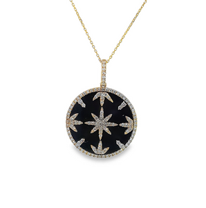14K Yellow Gold Black Onyx Sunburst Diamond Medallion Necklace
