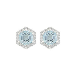 14K White Gold Aquamarine Hexagon Halo Studs